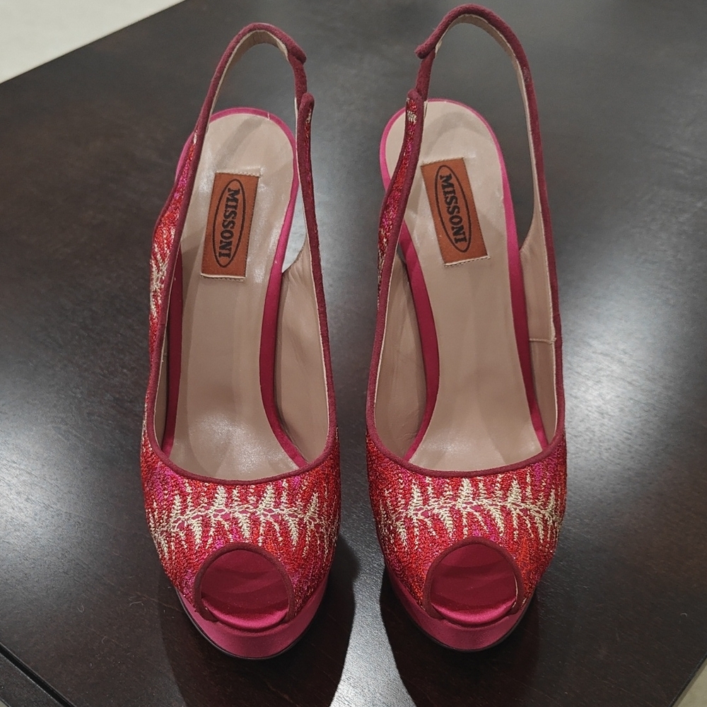 Missoni Pink Lace And Satin Pink Peep-Toe Slingback Heels Size 39 / 9